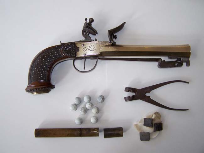 A Fine Cased Belgium made Flintlock Box-Lock Pistol with Spring Bayonet circa 1800 — image 8